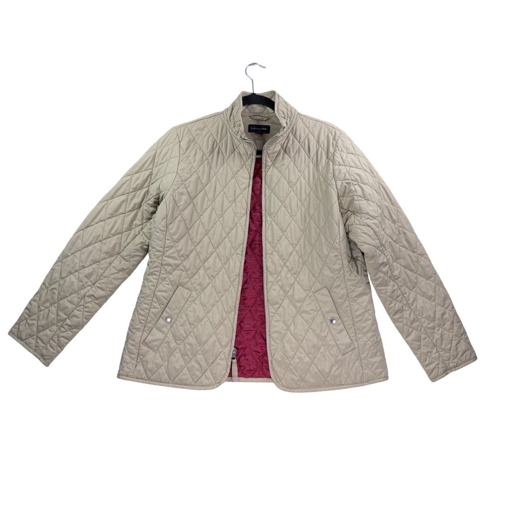 Lands' End Quilted Barn Jacket Women M 10-12 Tan Beige Diamond Zip Coat Classic